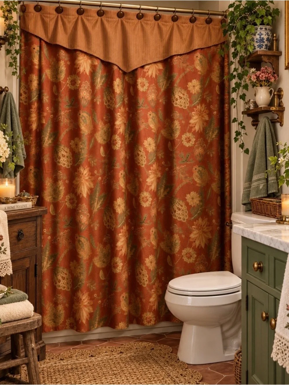 Vintage Tweel Floral Paisley Shower Curtain w/ Valance